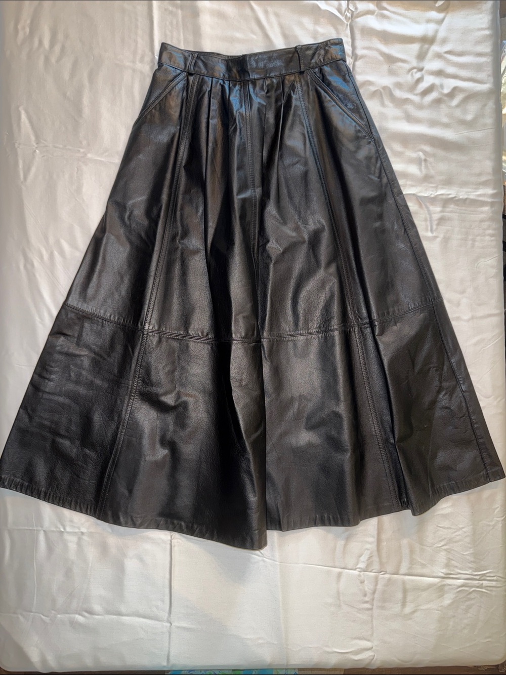 Vintage Black Leather A-Line Midi Skirt